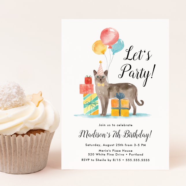 Vattenfärgat katt med ballonger Barns födelsedag P Inbjudningar (Skapare uppladdad)