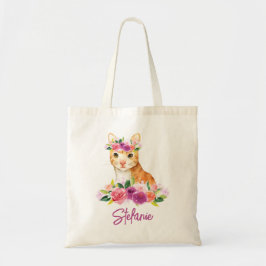 Vattenfärgat katt med Blommigt Krona Personlig Bag Tygkasse
