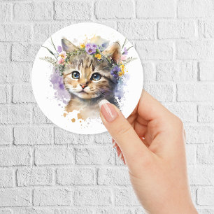 Vattenfärgat katt med blommor krona runt klistermärke