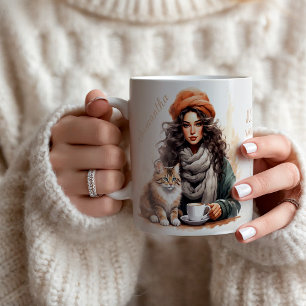 Vattenfärgat katt och kaffe Dam Personlig Namn Kaffemugg