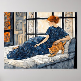 Vattenfärgat katt och kvinna efter fönster poster