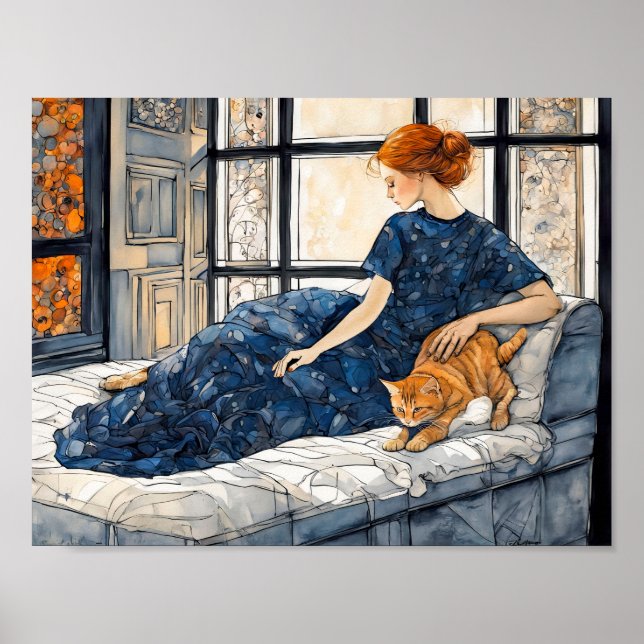 Vattenfärgat katt och kvinna efter fönster poster (Framsidan)