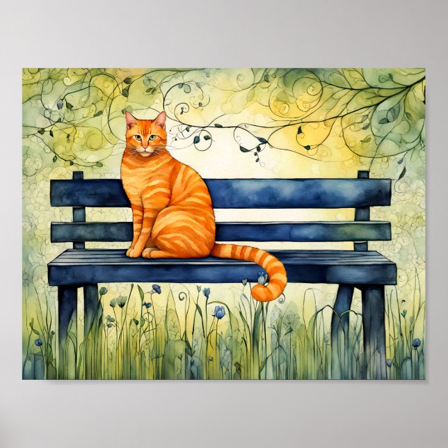 Vattenfärgat katt på Park Bench Poster (Framsidan)