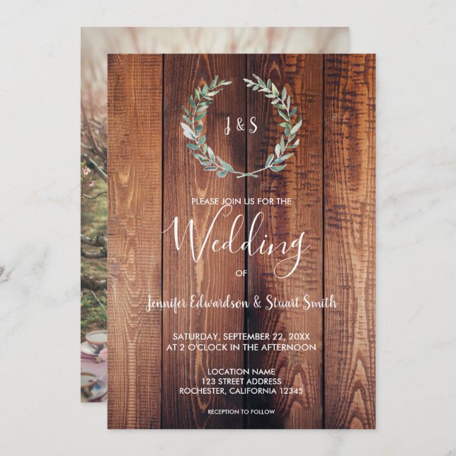 Vattenfärgat löv på träfoto i monogram Bröllop Inbjudningar (Fram/baksida)