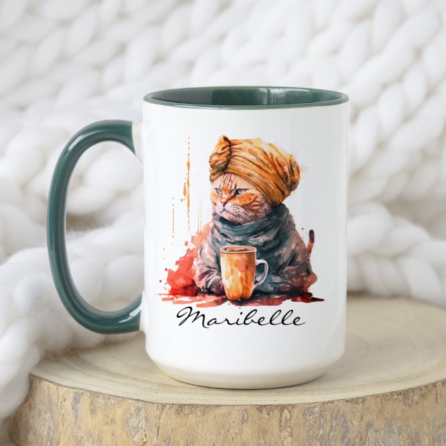 Vattenfärgat persiskt katt med turbanekaffe mugg (Skapare uppladdad)
