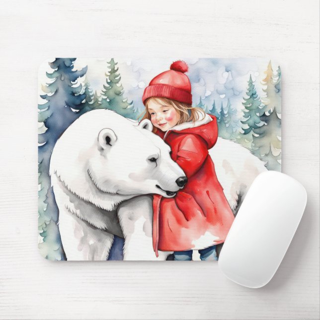 Vattenfärgat Polar med flicka Musmatta (Med mus)