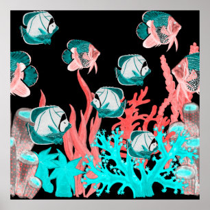 Vattenfärgat sömlöst mönster med exotisk fisk på k poster