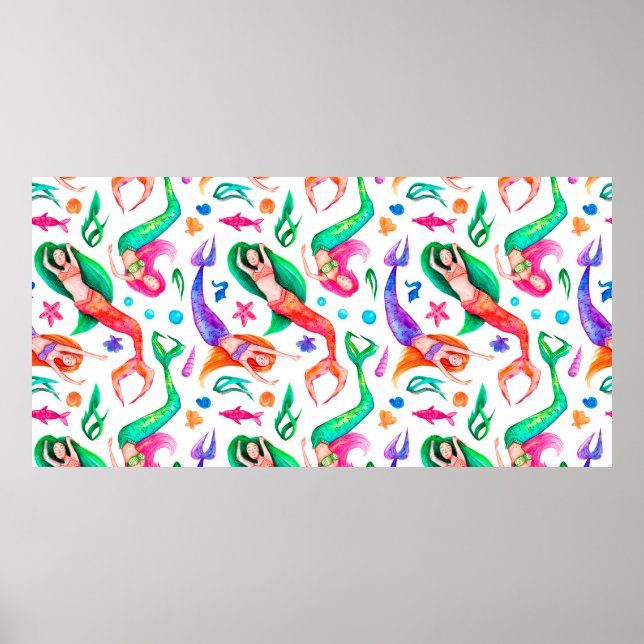 Vattenfärgat sömlöst mönster med sjöjungfruar, kus poster (Framsidan)