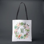Vattenfärgat Succulus Blommigt Utandning Monogram Tygkasse<br><div class="desc">Anpassadets väska med vattenfärgade suckutslag och krutkrans med blommor accentkrans. Den här blommigtens monogram till säcken är perfekt som en personlig gåva.</div>