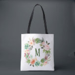 Vattenfärgat Succulus Blommigt Utandning Monogram Tygkasse<br><div class="desc">Anpassadets väska med vattenfärgade suckutslag och krutkrans med blommor accentkrans. Den här blommigtens monogram till säcken är perfekt som en personlig gåva.</div>