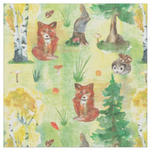 Vattenfärgat träskål, kanin, Hedgehog, fox Tyg
