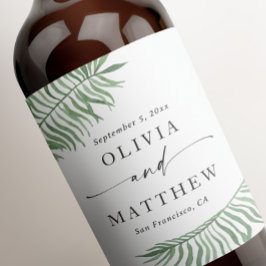 Vattenfärgat tropiskt botaniskt bröllop. Handflata Vinflaska Etikett