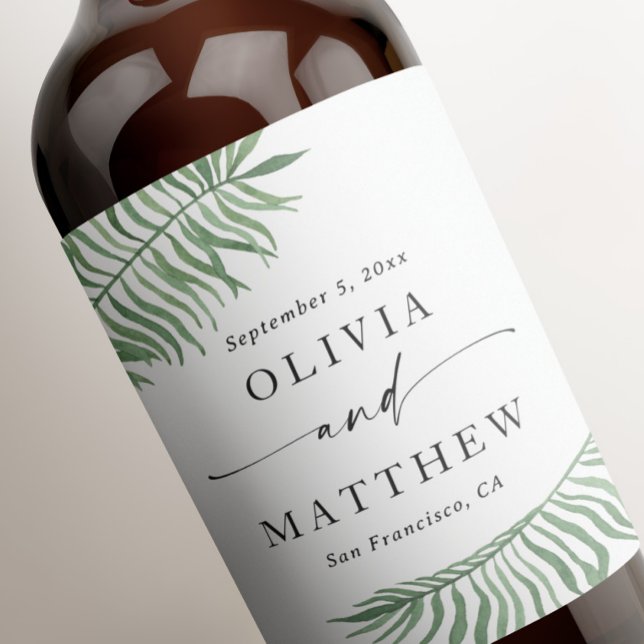 Vattenfärgat tropiskt botaniskt bröllop. Handflata Vinflaska Etikett (Skapare uppladdad)