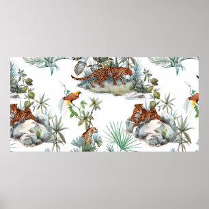 Vattenfärgat tropiskt mönster med leoparddjur. poster