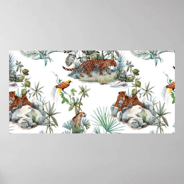 Vattenfärgat tropiskt mönster med leoparddjur. poster (Framsidan)