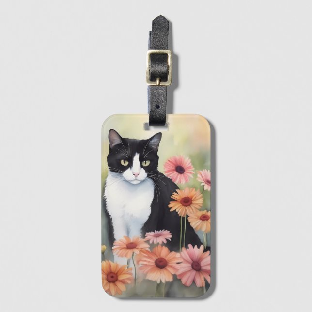 Vattenfärgat Tuxedo-katt med Gerbera Daisy Flowers Bagagebricka (Framsida vertikal)