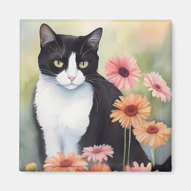 Vattenfärgat Tuxedo-katt med Gerbera Daisy Flowers Magnet (Framsidan)