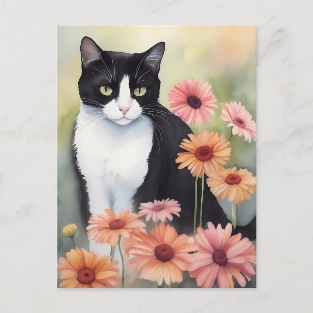 Vattenfärgat Tuxedo-katt med Gerbera Daisy Flowers Vykort (Framsida)