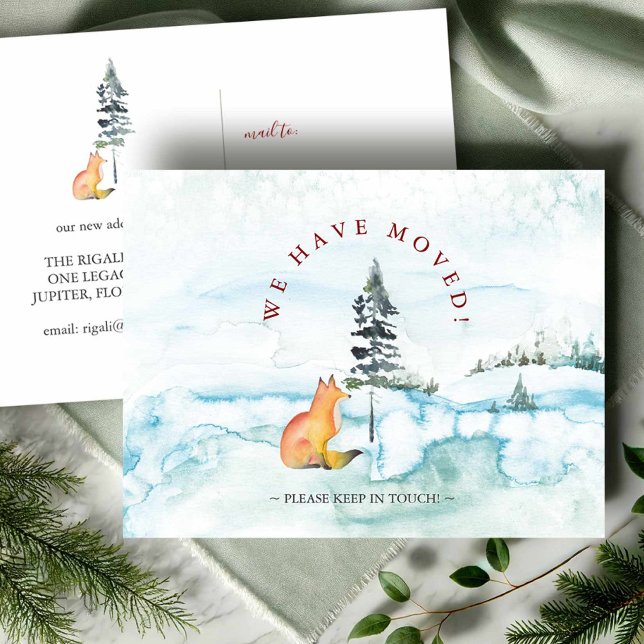 Vattenfärgat Vi har flyttat julfox vykort (Winter moving announcement watercolor fox and snowy landscape Victoria Grigaliunas Do Tell A Belle)