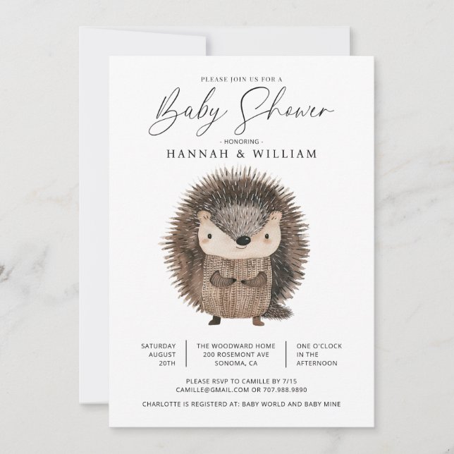 Vattenfärgat Woodland Animal Hedgehog Baby Shower Inbjudningar (Framsida)