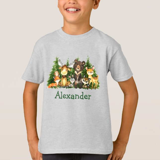 Vattenfärgat Woodland Animals Forest Barn Grått T Shirt (Framsida)