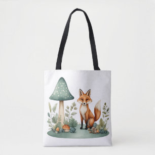 Vattenfärgat Woodland Forest Fox och svampar Tygkasse