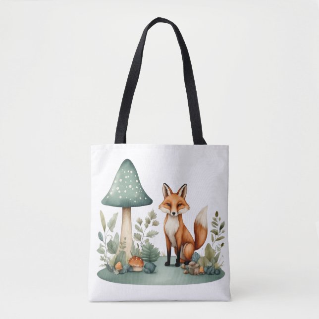 Vattenfärgat Woodland Forest Fox och svampar Tygkasse (Framsida)