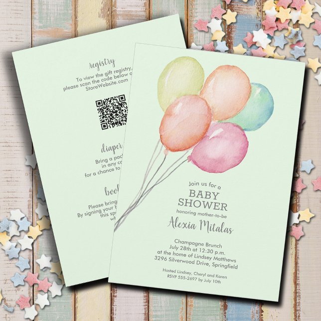 Vattenfärgballonger Grönt Baby allt i en enda skug Inbjudningar (Watercolor balloons unisex baby shower all in one invitations, PRINTED and/or INSTANT DOWNLOAD)