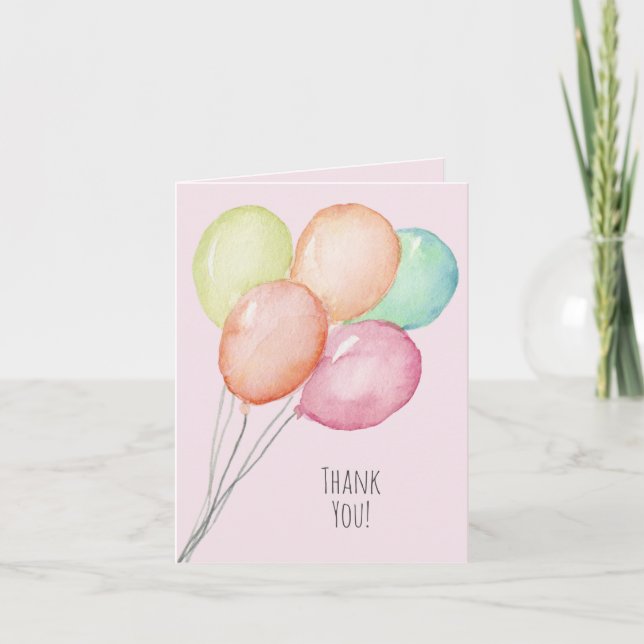 Vattenfärgballonger på rosa 1-årsdag tack kort (Framsida)