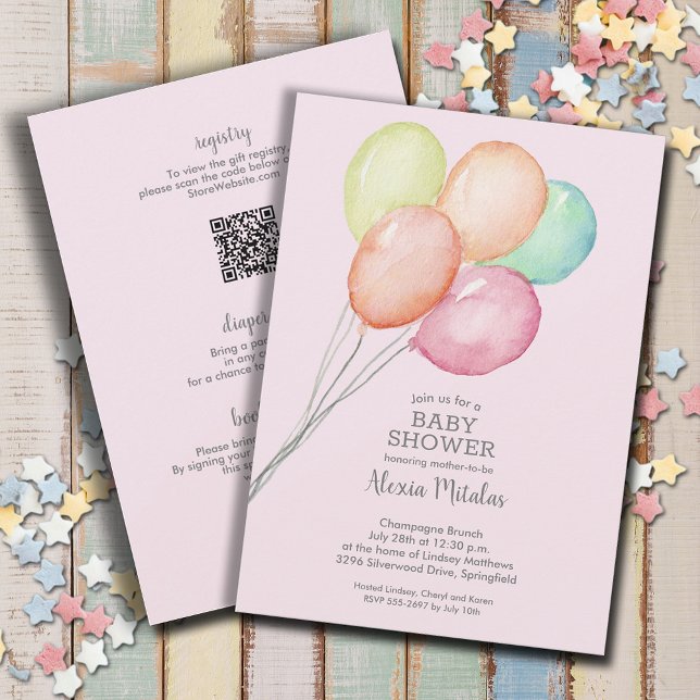 Vattenfärgballonger Rosa Baby allt i en enda skugg Inbjudningar (Watercolor balloons girl baby shower all in one invitations, PRINTED and/or INSTANT DOWNLOAD)