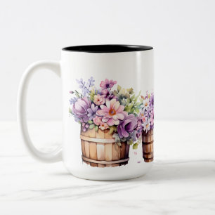 VATTENFÄRGBARRELER VATTEN MED ROSA LILA BLOMMOR Två-Tonad MUGG