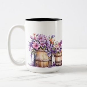 VATTENFÄRGBARRELER VATTEN MED ROSA LILA BLOMMOR Två-Tonad MUGG
