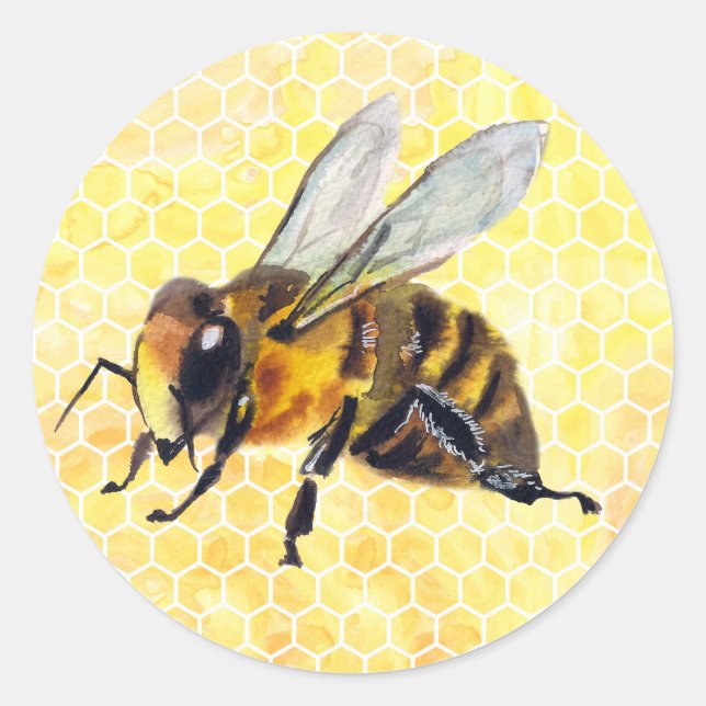 Vattenfärgbi på Honeycomb Stickers Runt Klistermärke (Framsida)