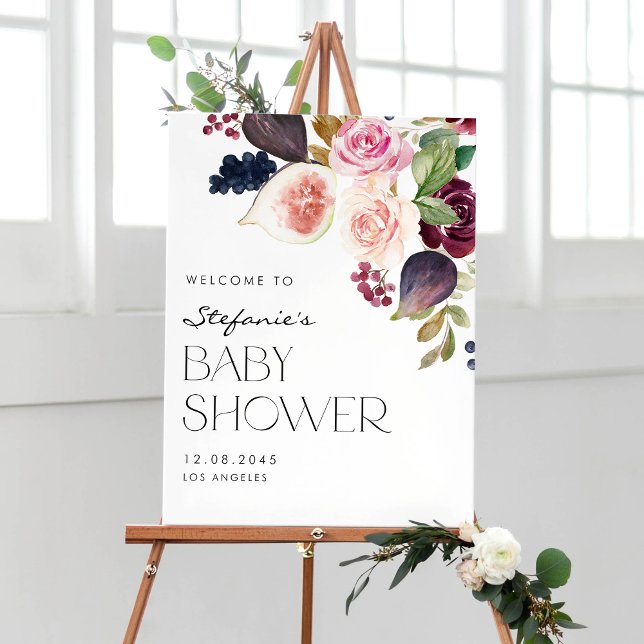 Vattenfärgbilder och berry Fall Blommigt Baby Show Poster (Botanical baby shower welcome sign with watercolor figs, berries and burgundy flowers.)
