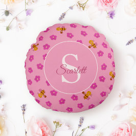 Vattenfärgbin och blommor mönster Monogram Namn Rund Kudde