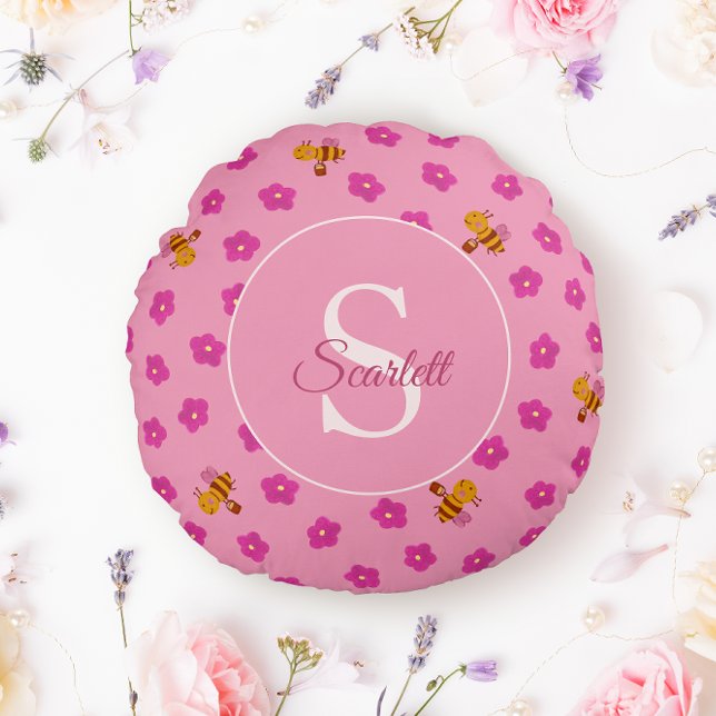 Vattenfärgbin och blommor mönster Monogram Namn Rund Kudde (Skapare uppladdad)