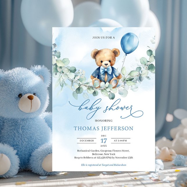 Vattenfärgblå och brun nalle med ballong inbjudningar (boy baby shower invitation with teddy bear with blue balloon on eucalyptus swing)