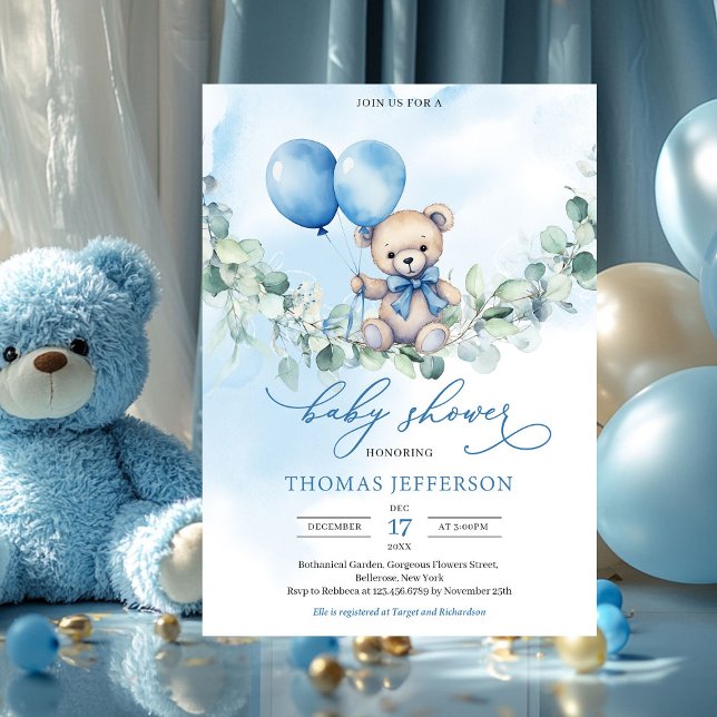 Vattenfärgblå och brun nalle med ballonger inbjudningar (boy baby shower invitation with teddy bear)