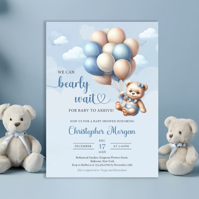 Vattenfärgblå och brun nalle med ballonger inbjudningar (We can bearly wait - boy baby shower invitation teddy bear blue and brown balloons)