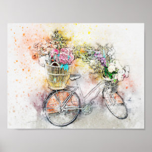 Vattenfärgblandningmassmedia cykel & blommor 1 poster