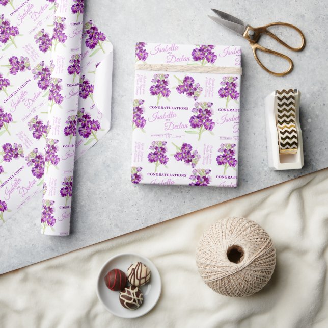 Vattenfärgblomma lila vit personligt bröllp presentpapper (Hantverk)