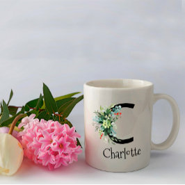 Vattenfärgblomma, monogram pension kaffe mugg