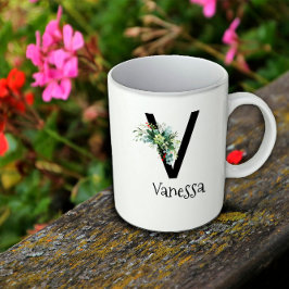 Vattenfärgblomma, monogram pension kaffe mugg