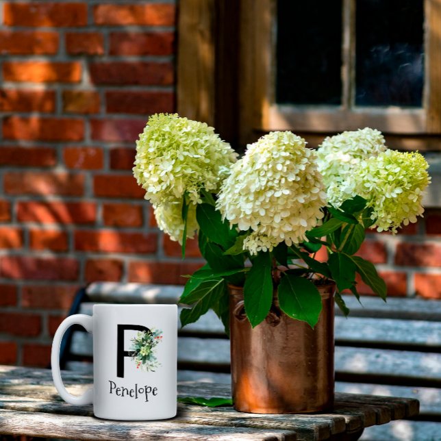 Vattenfärgblomma, monogram pension kaffe mugg (Skapare uppladdad)