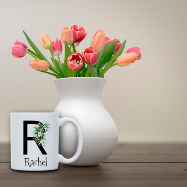 Vattenfärgblomma, monogram pension kaffe mugg (Skapare uppladdad)