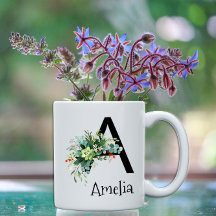 Vattenfärgblomma, monogram pension kaffe mugg