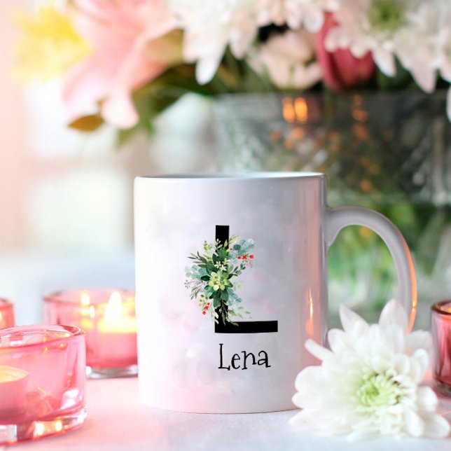 Vattenfärgblomma, monogram pension kaffe mugg (Skapare uppladdad)