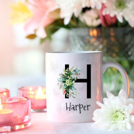 Vattenfärgblomma, monogram pension kaffe mugg