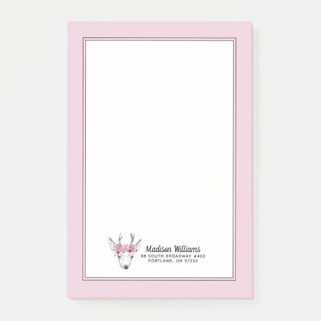 Vattenfärgblommahjort | tillfogar ditt namn post-it block (Framsida)