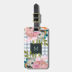 Vattenfärgblommigt och blåttGingham med monogramen Bagagebricka